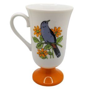 Vintage Tundra Japan Tall Coffee Mug with Birds  Pedestal Cup Orange Flowers